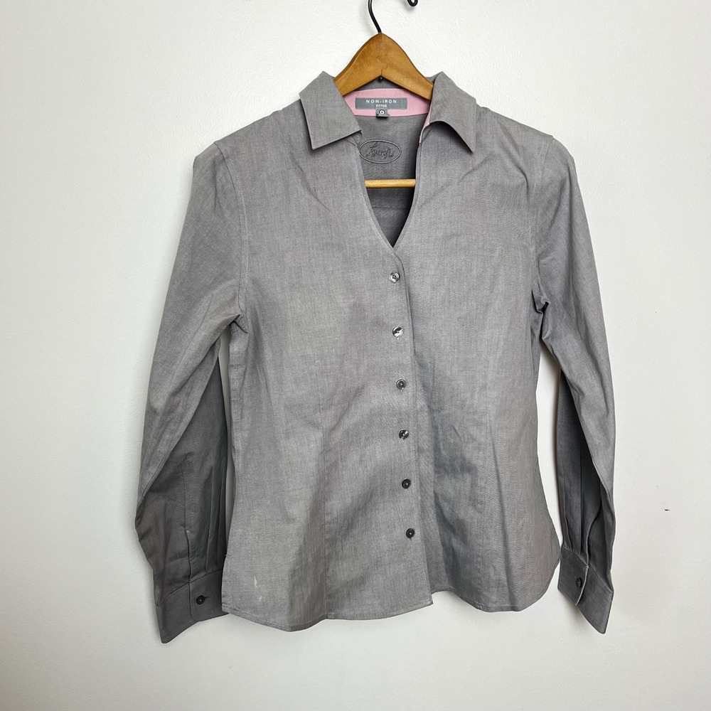 Foxcroft Non-Iron Tailor‎ Fit Grey Button Up V Neck Shirti  Womens 6 Long Sleeve